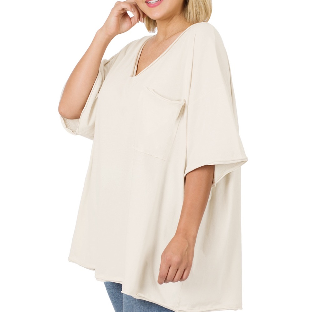 ZENANA Oversized Raw Edge Front Pocket Hi Low Tee Top - Picture 9 of 14